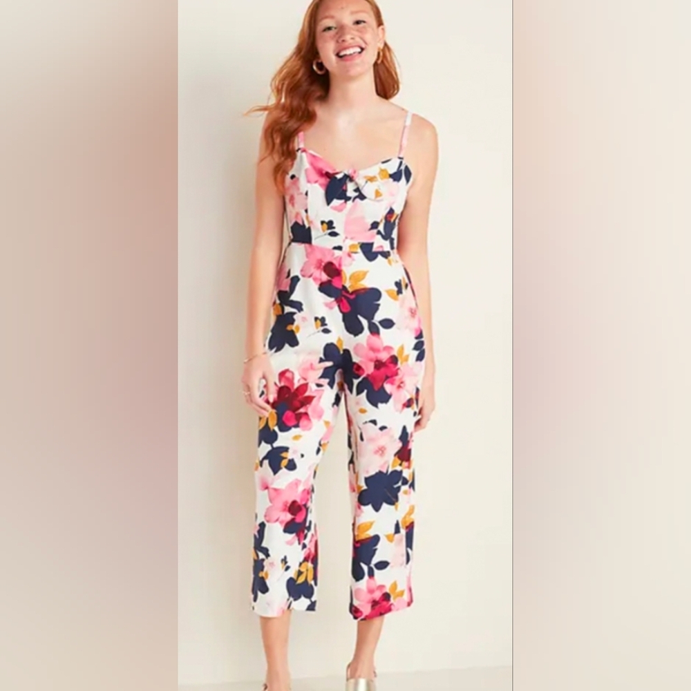 Old Navy Cream Floral Wide-Leg Jumpsuit Tie-Front Linen-Blend Sz.M Tall